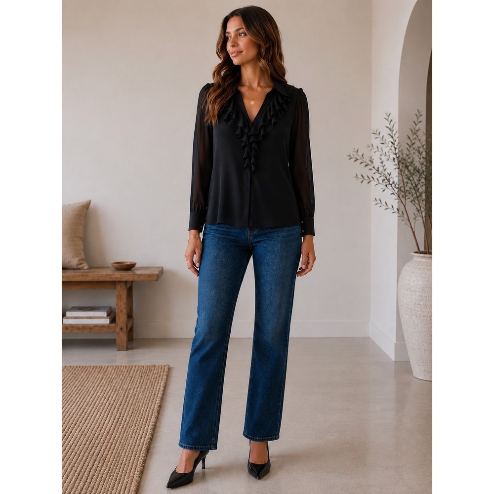 Catherine Malandrino NWT Black Ruffle V-Neck Career Blouse Long Sleeve Sheer L